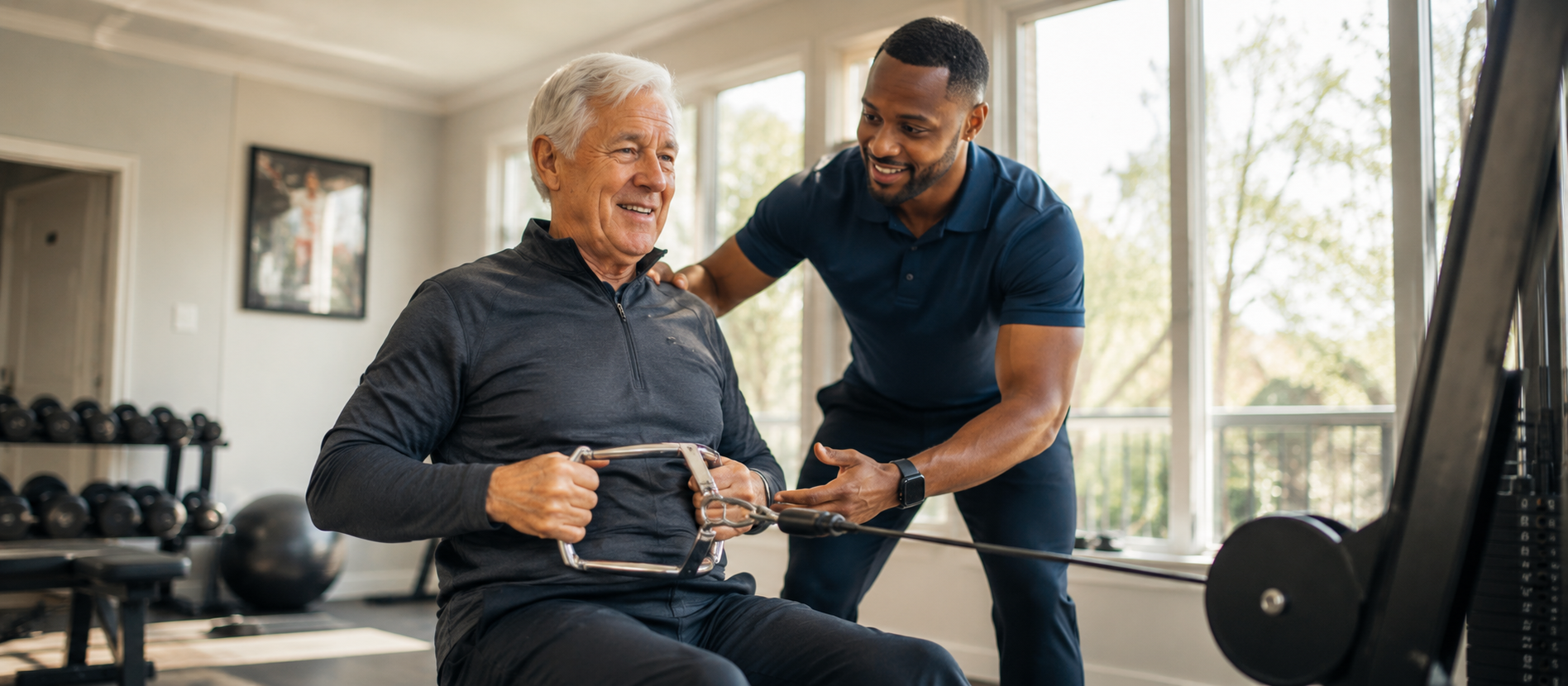 A male caregiver spotting an older man through a seated cable row in a bright home gym