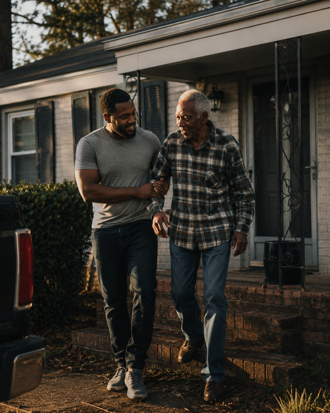 A male caregiver walking an older man down his front steps toward the truck, mid-conversation and at ease