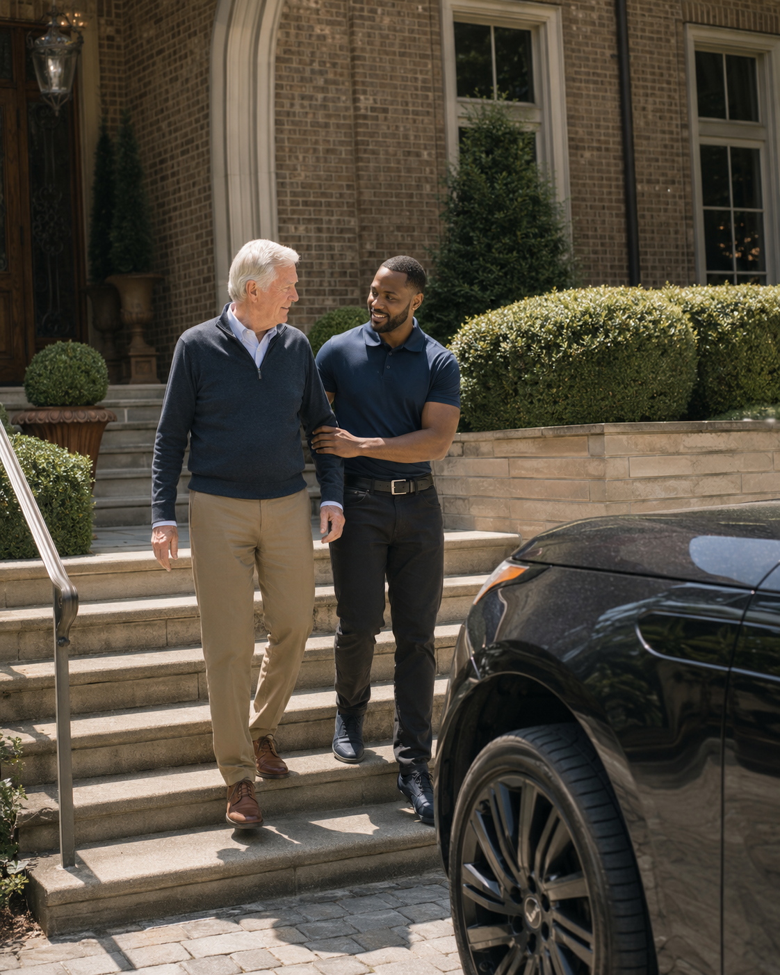 A male caregiver steadying an older man down his front steps toward the car, mid-conversation and at ease